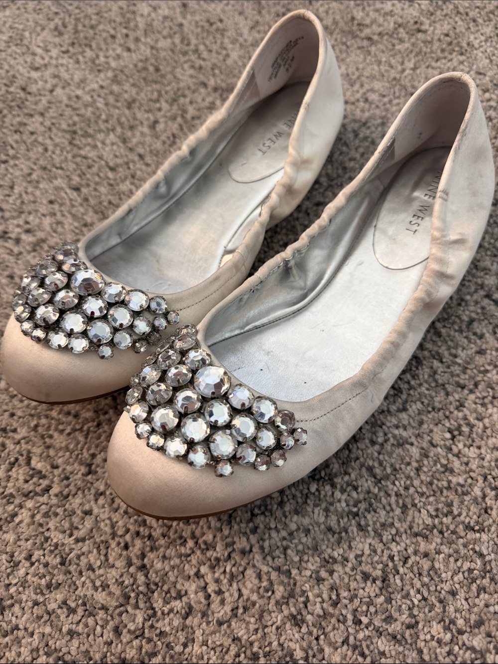 Nine West Crystal-Embellished Ballet Flats in white. There is some discoloring.